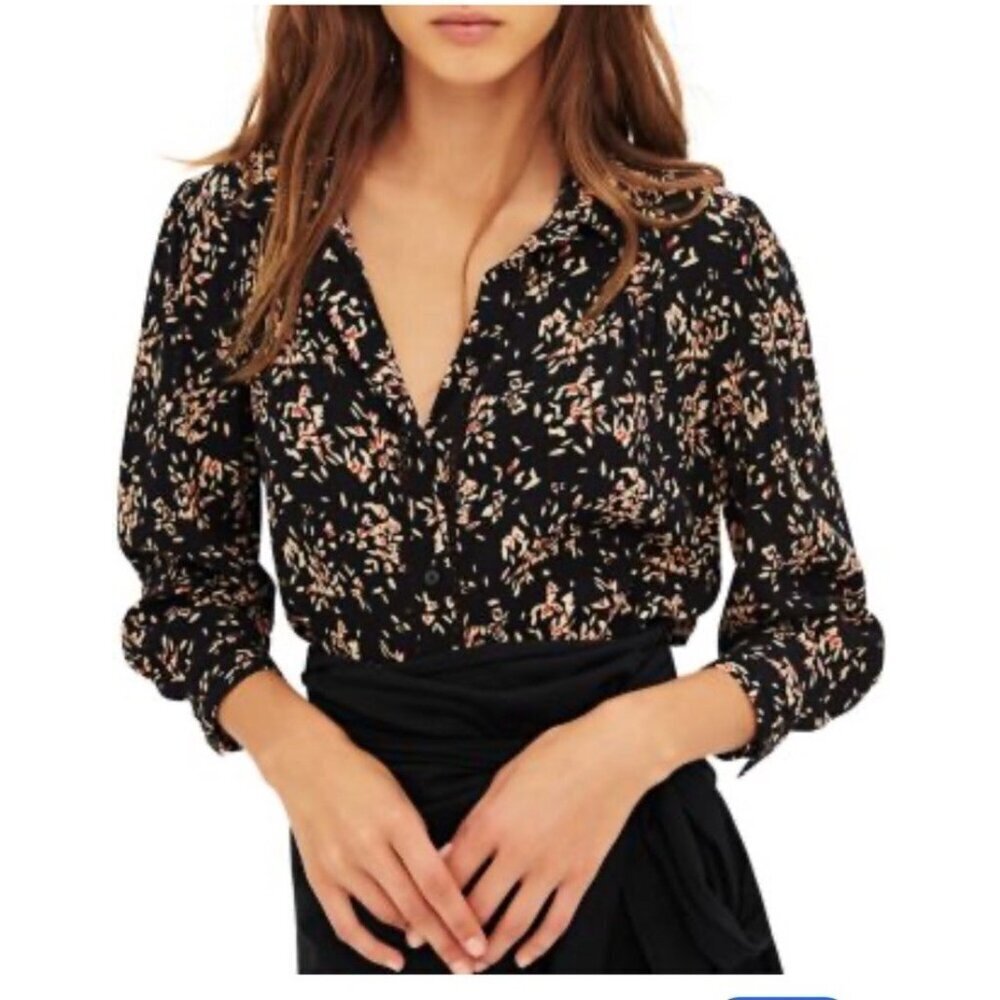 Ba&sh Size XS Black Venus Print Button Front V Neck Floral Blouse Eyelet Trim